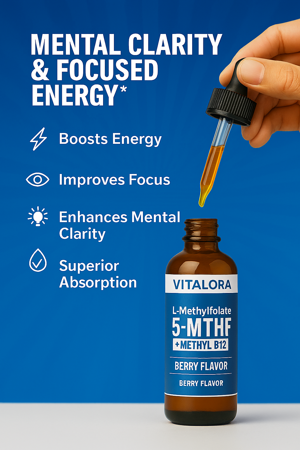 Vitalora™ L-Methylfolate 5-MTHF + Methyl B12 Drops.