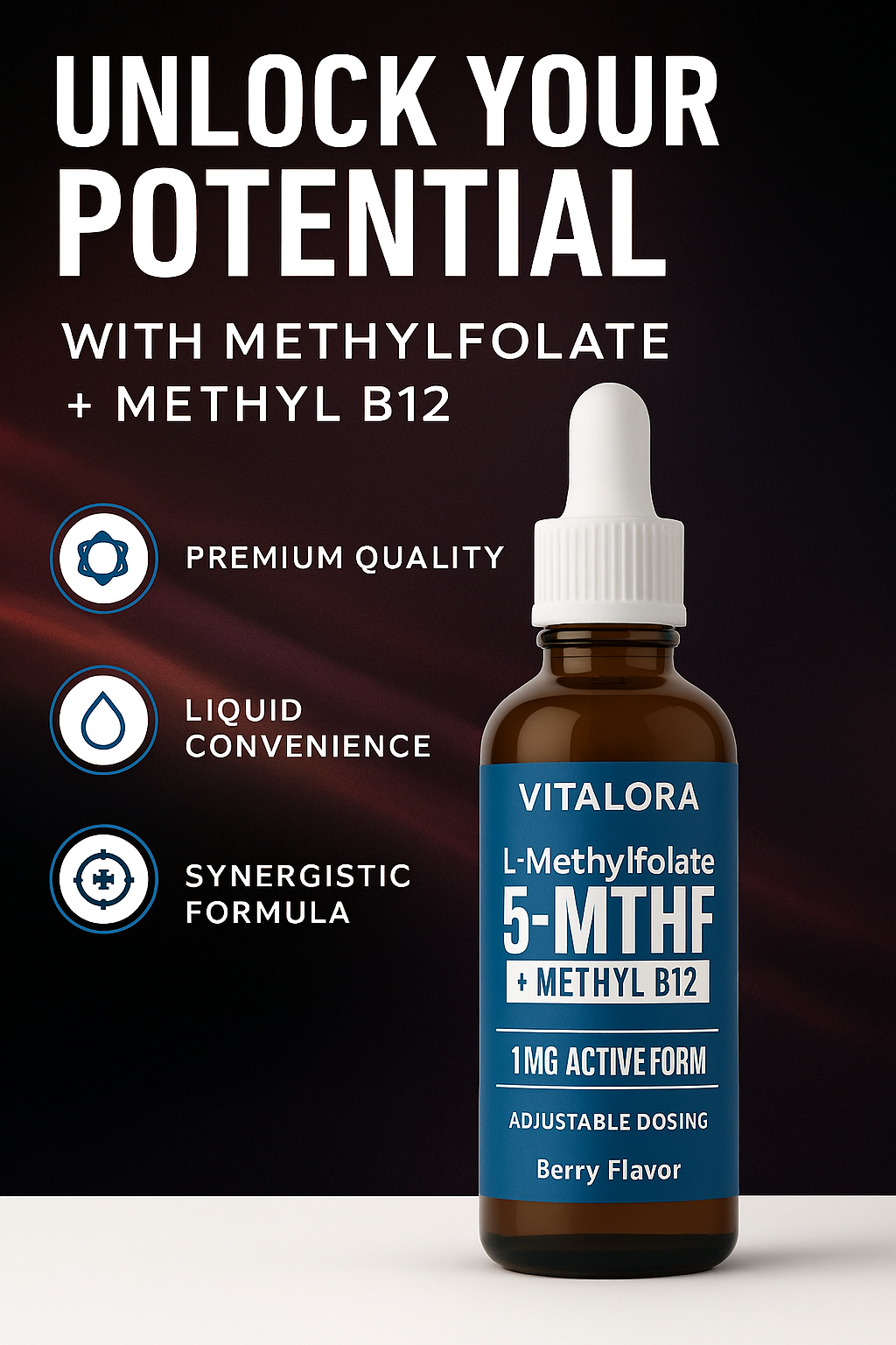 Vitalora™ L-Methylfolate 5-MTHF + Methyl B12 Drops.