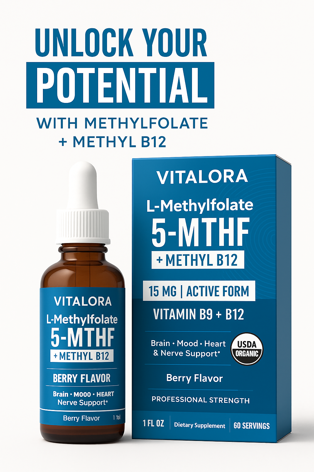 Vitalora™ L-Methylfolate 5-MTHF + Methyl B12 Drops.